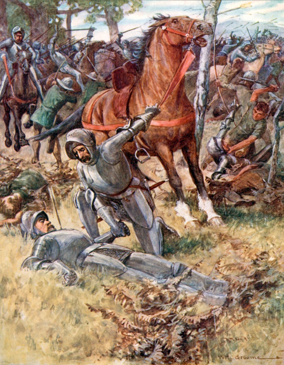 quot;Så forlot han livet, og Earl Percy tok den døde mannen i håndenquot; (fargelitografi) av William Henry Charles Groome