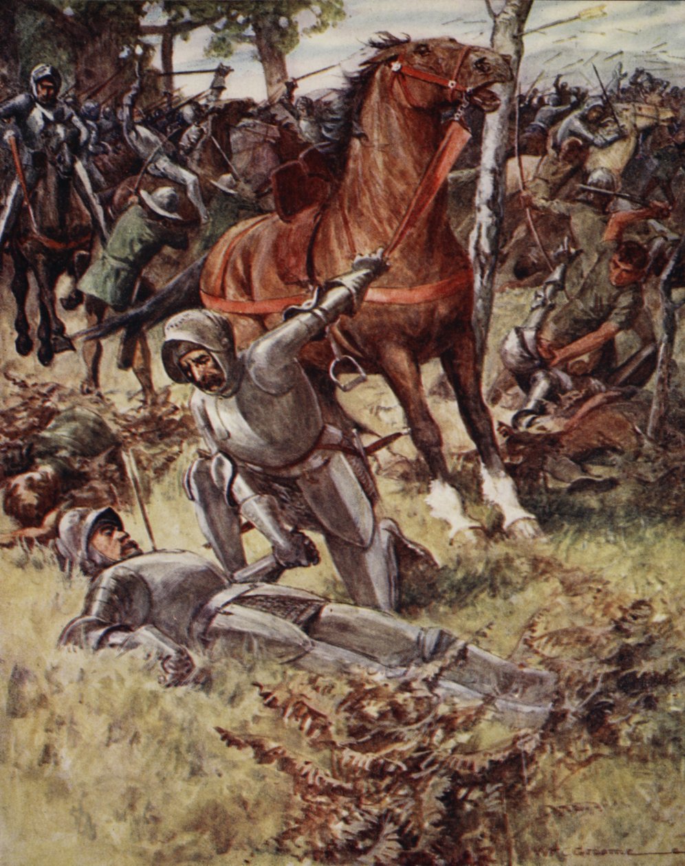 Etter å ha forlatt livet, tok Earl Percy den døde mannen i hånden, fra Ballads of Famous Fights, First Edition, 1920 av William Henry Charles Groome