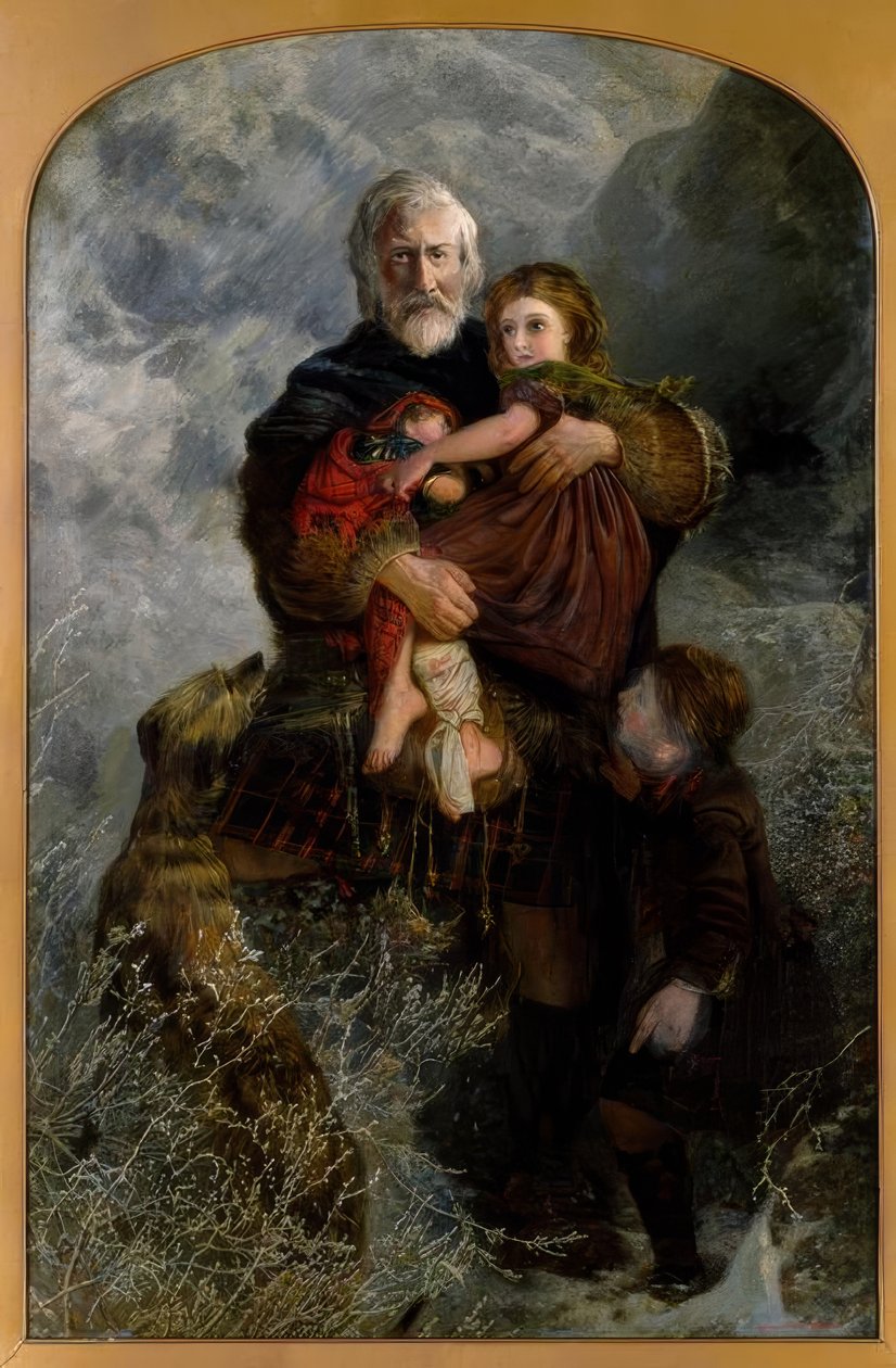 Glencoe-massakren, flyktninger / maleri v. W.H. Fisk av William Henry Fisk