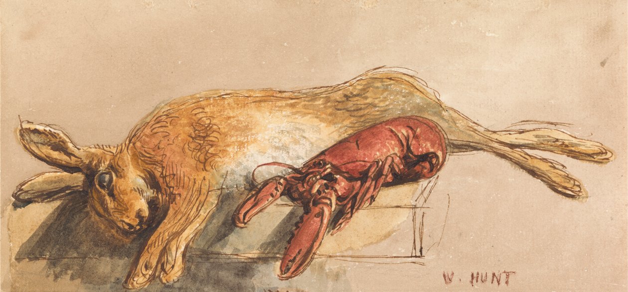 En død hare og en kokt hummer på en benk av William Henry Hunt