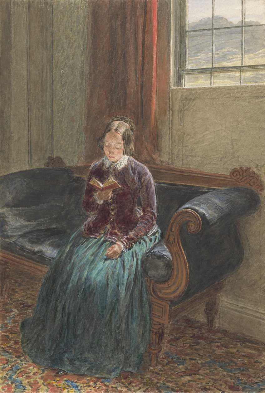 A Lady Reading, kalt Mrs William Hunt, ca. 1835 (gouache og wc over grafitt på papir) av William Henry Hunt