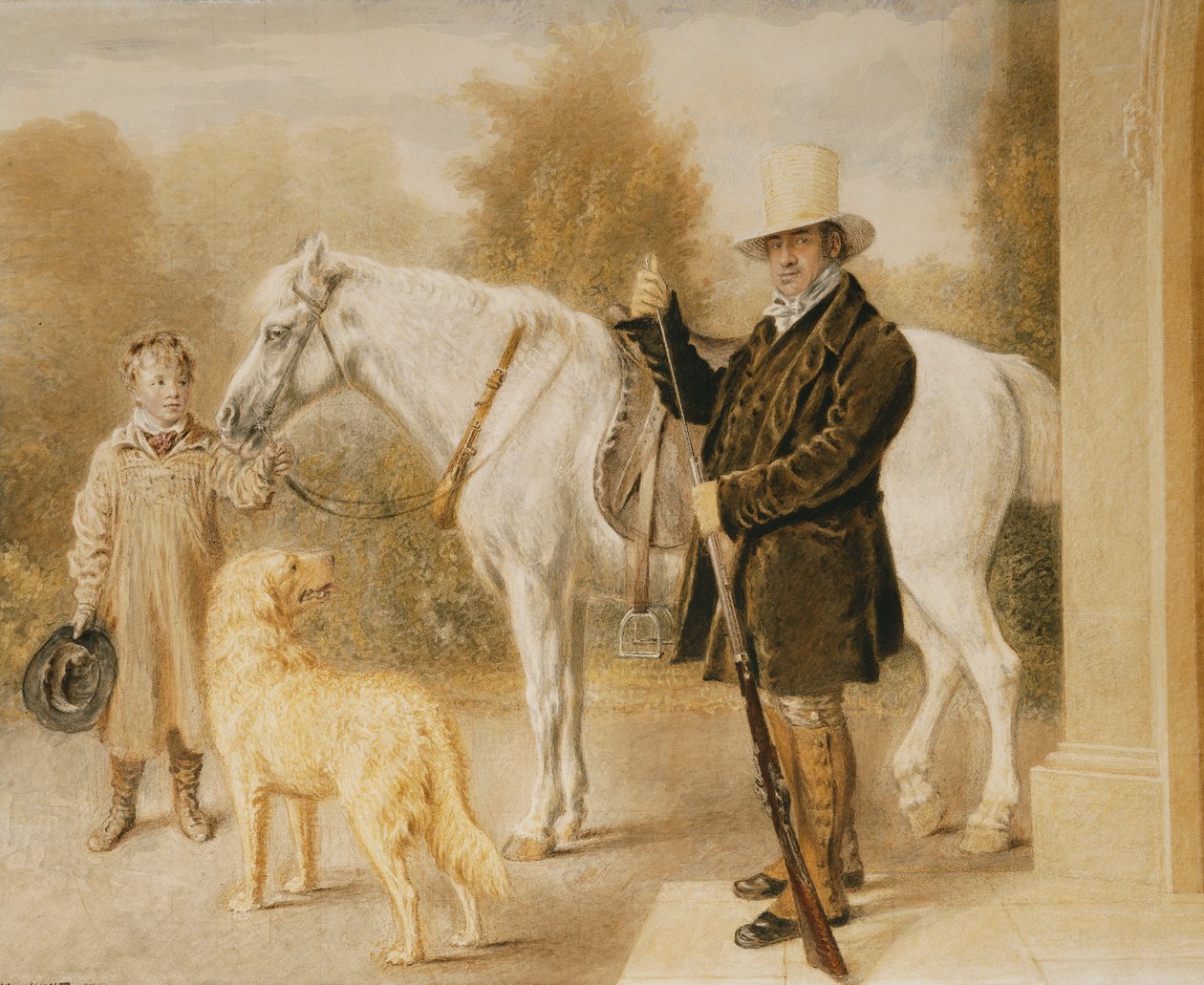 En idrettsmann med en gutt, en ponni og en hund, 1827 av William Henry Hunt