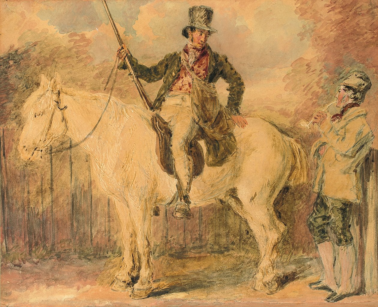 En viltvokter på en hest og en annen mann i samtale av William Henry Hunt