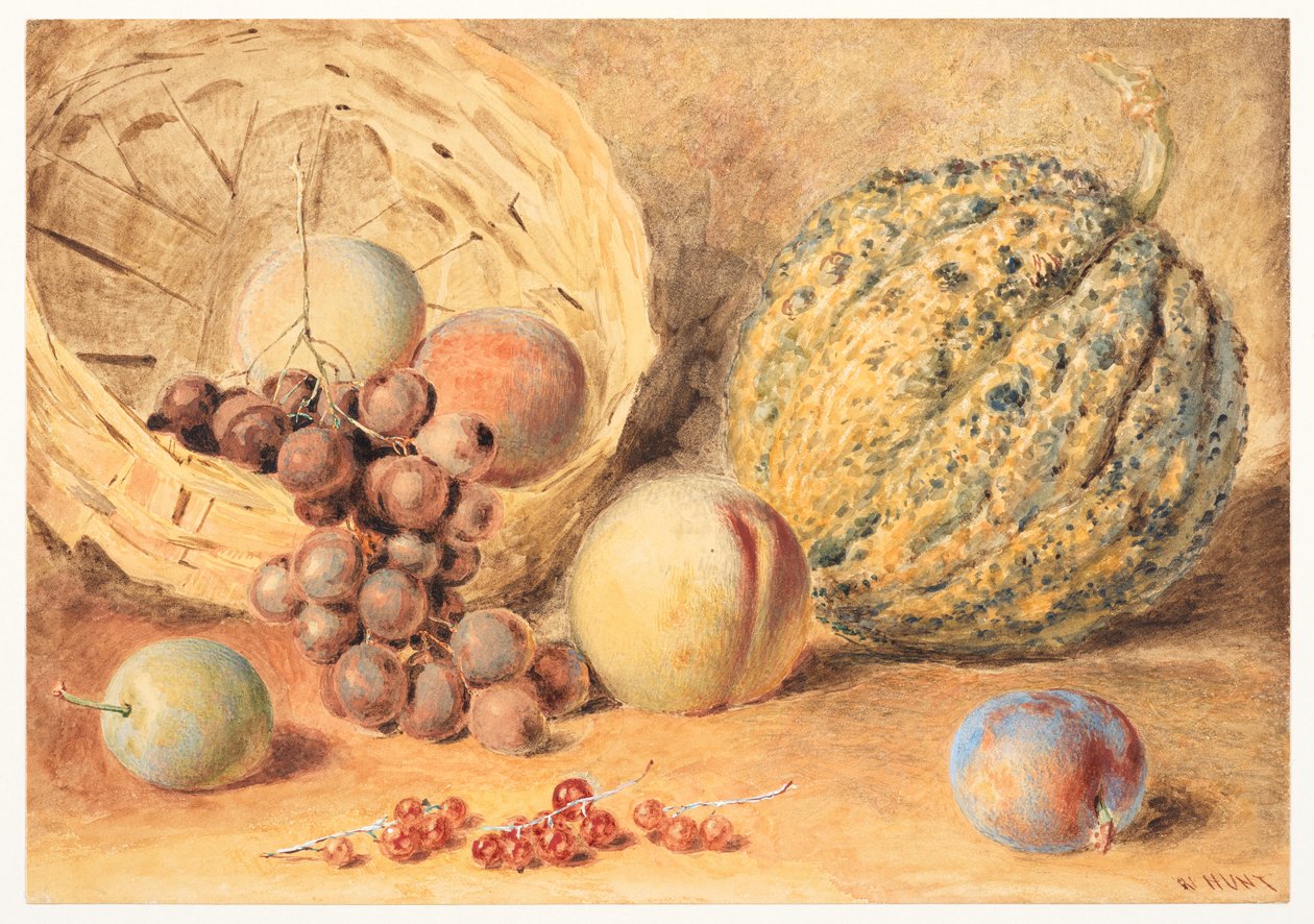 Kurv med melon, fersken, druer og plommer, ca. 1804 (grafitt, akvarell tilsatt noe gummi arabicum, kroppsfarge og riper ut på vevd papir) av William Henry Hunt