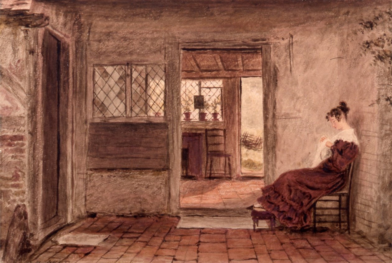Hytteinteriør med jentesøm, ca. 1828 (akvarell på papir) av William Henry Hunt