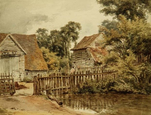 Gårdstun med dam (akvarell på papir) av William Henry Hunt