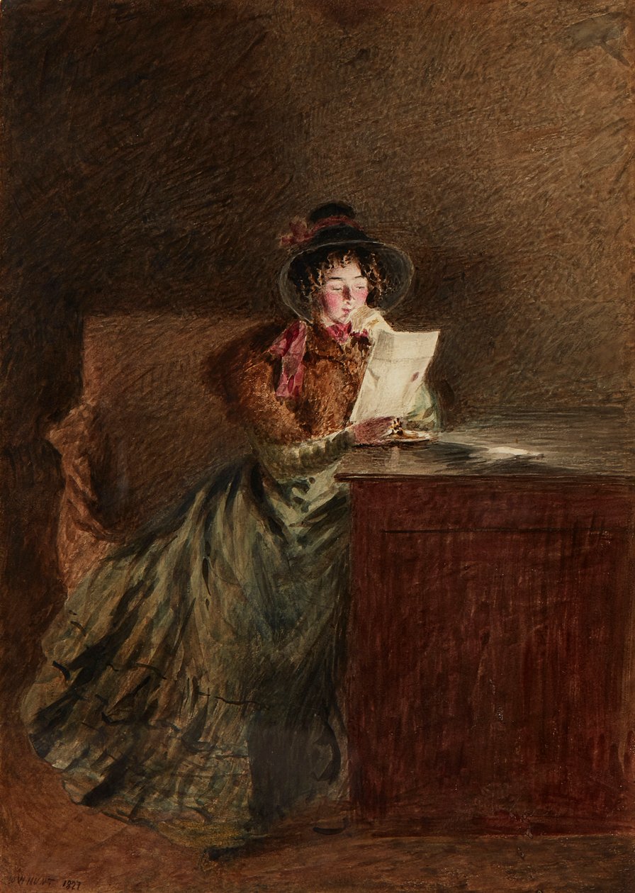 Jente som leser et brev av Lamplight (akvarell og blyant) av William Henry Hunt