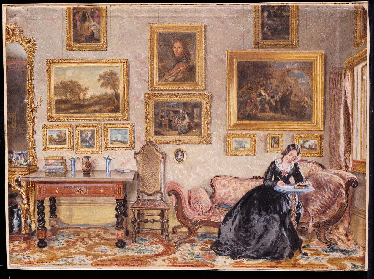 Interiør i en salong med en dame ved skrivepulten hennes av William Henry Hunt