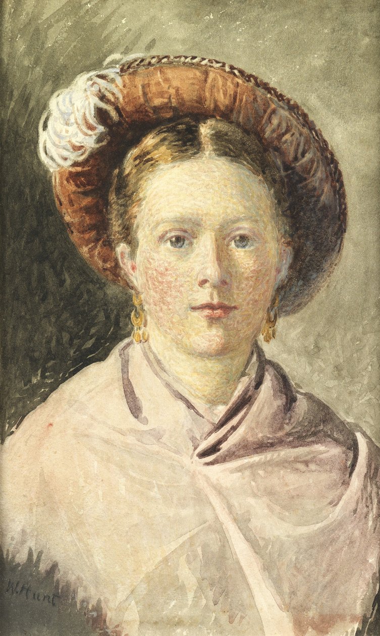 Dame i en fjærkledd hatt (akvarell på papir) av William Henry Hunt