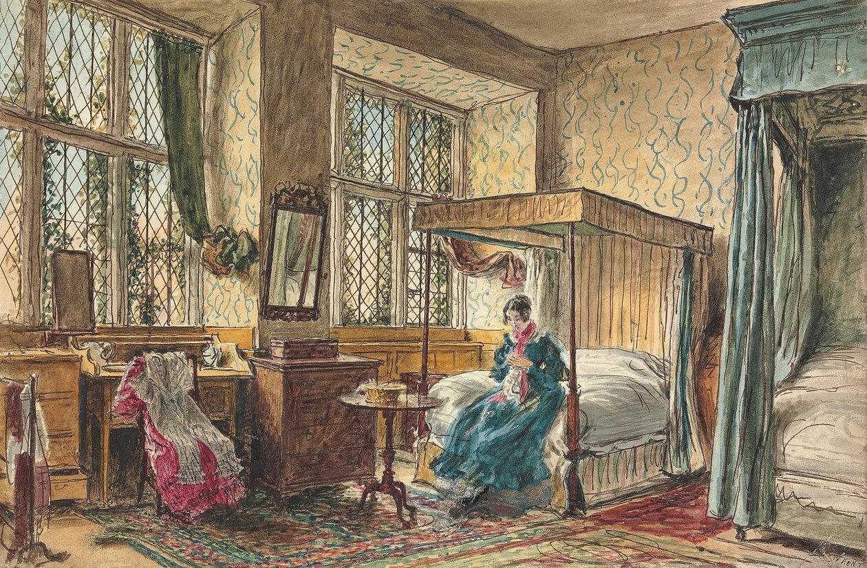 Frøken Moore syr på soverommet hennes, Hardwick Hall, Derbyshire av William Henry Hunt