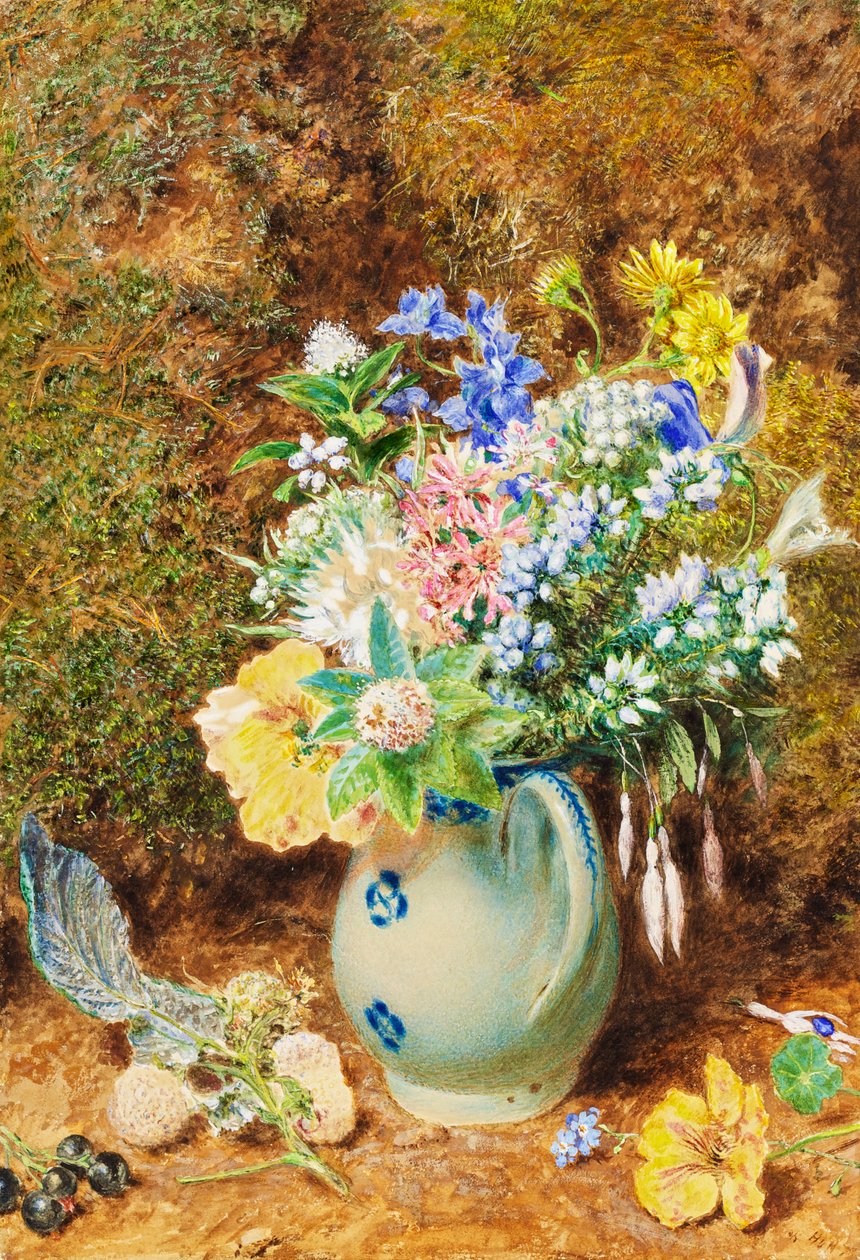 Blekblå Kinakanne med lyngheier og småblomster, ca.1860 av William Henry Hunt