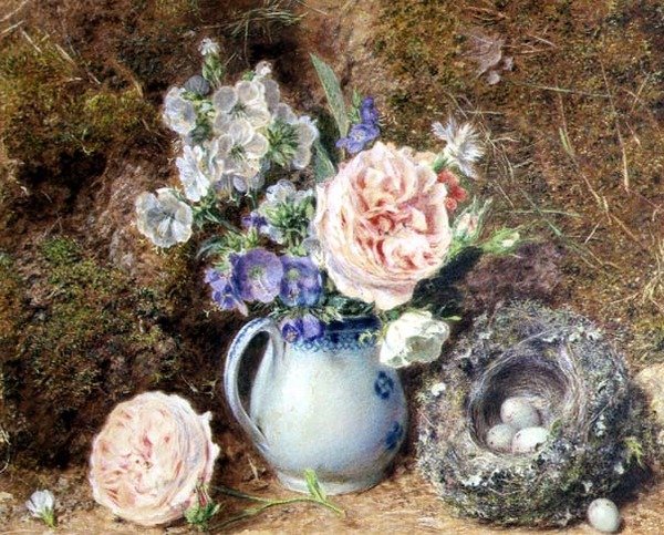 Stilleben av blomster og reir av William Henry Hunt
