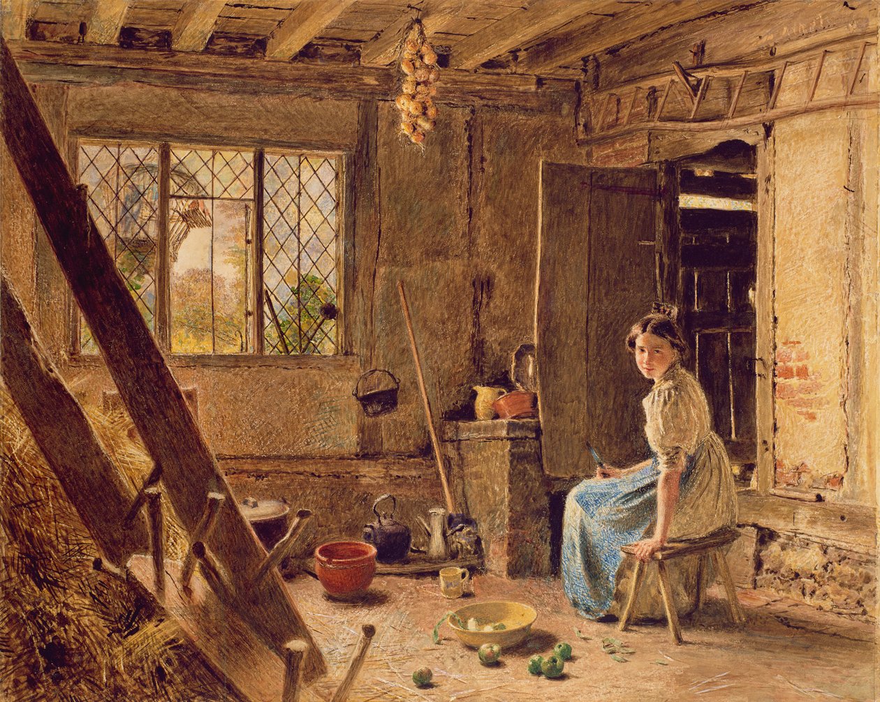The Maid and the Magpie, A Cottage Interior at Shillington, Bedfordshire, 1834 (wc uthevet med hvitt på papir) av William Henry Hunt