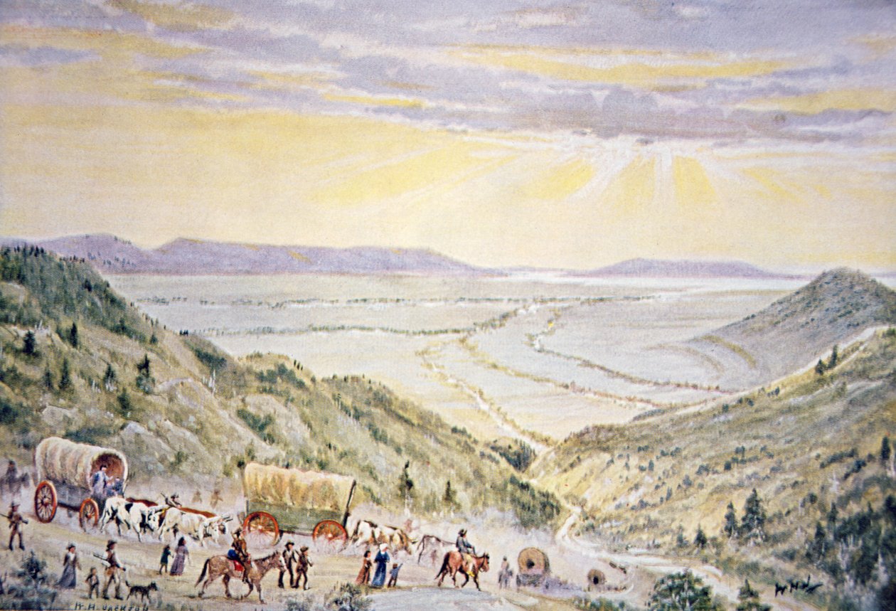 Mormoner som stiger ned Little Mountain til Salt Lake City, Utah (farge litho) av William Henry Jackson