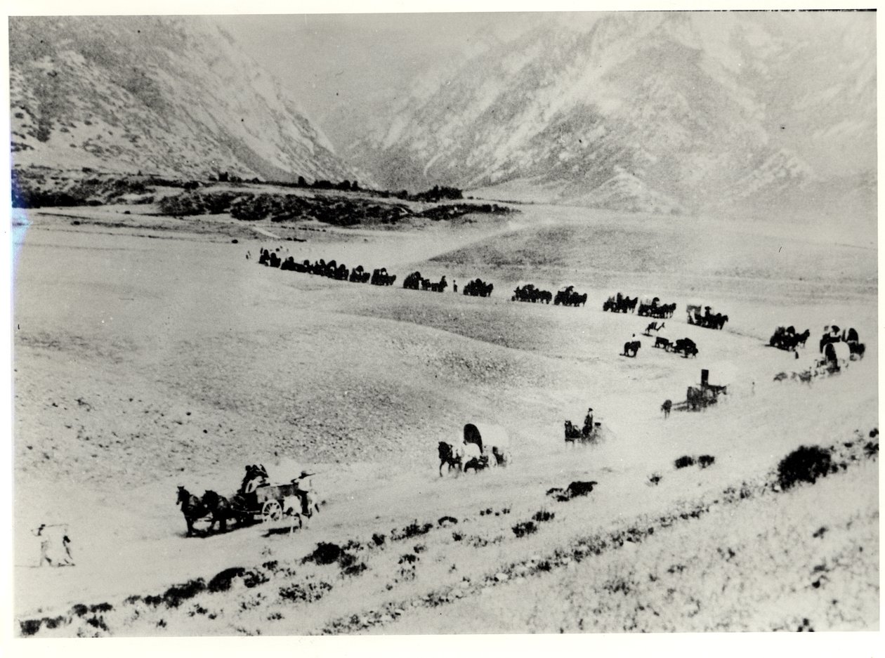 Pionerer som samler inn immigranter fra togstasjonen og fører dem til Mormon Salt Lake City av William Henry Jackson