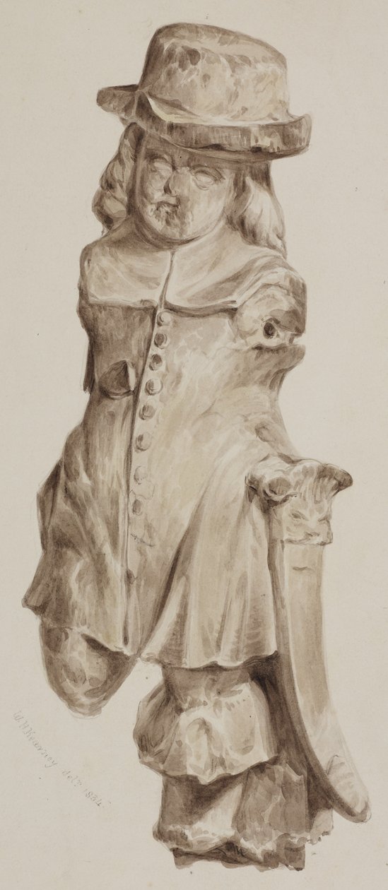 Utskåret figur i eik, en gang i døråpningen til huset bygget på stedet til Boars Head Tavern, Eastcheap, 1834 (vask på papir) av William Henry Kearney