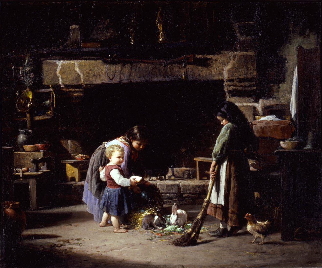 Gårdsinteriør: Bretonske barn som fôrer kaniner, 1878. av William Henry Lippincott