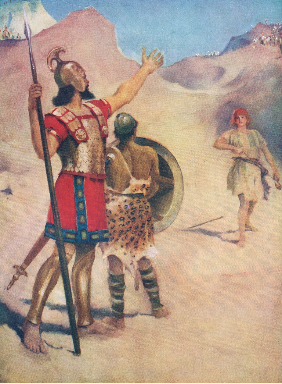 David og Goliat, fra The Bible Picture Book utgitt av Thomas Nelson, ca. 1950 av William Henry Margetson