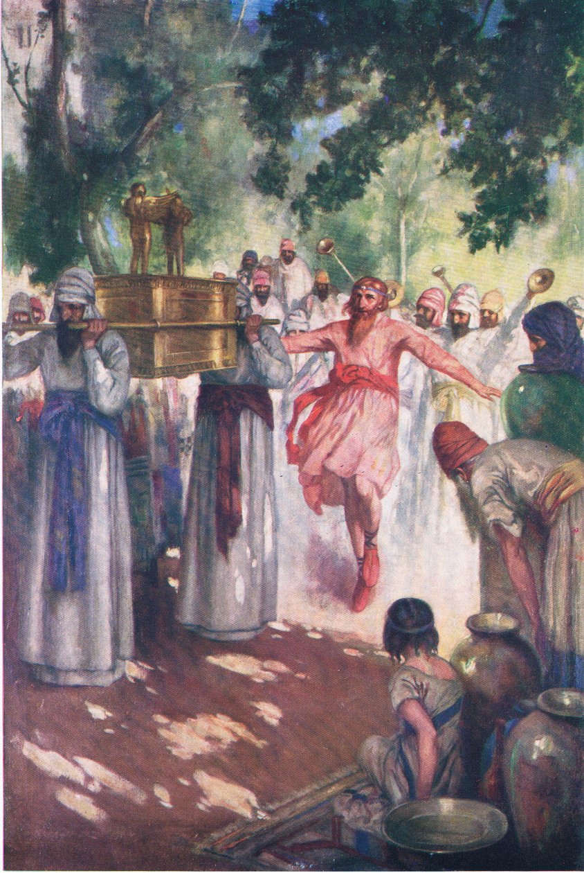 David bringer arken til Jerusalem, fra The Bible Picture Book utgitt av Thomas Nelson, ca. 1950 av William Henry Margetson