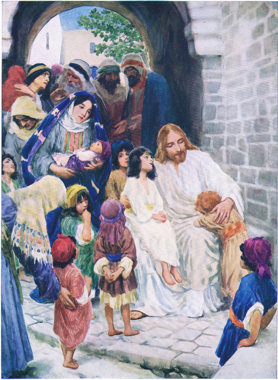Jesus og barna, fra The Bible Picture Book utgitt av Thomas Nelson, ca.1950 av William Henry Margetson