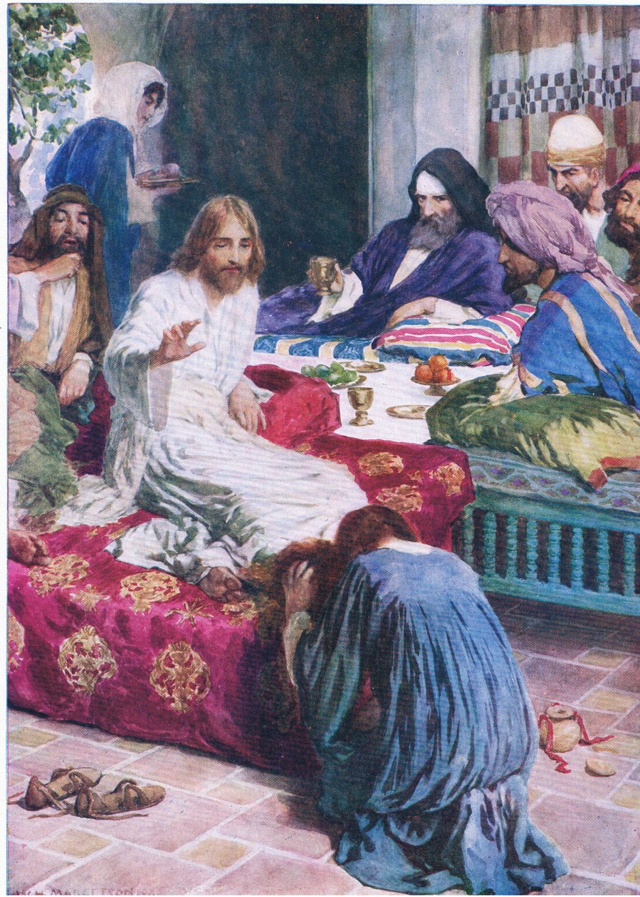 Mary and the alabaster box, fra The Bible Picture Book utgitt av Thomas Nelson, ca.1950 av William Henry Margetson