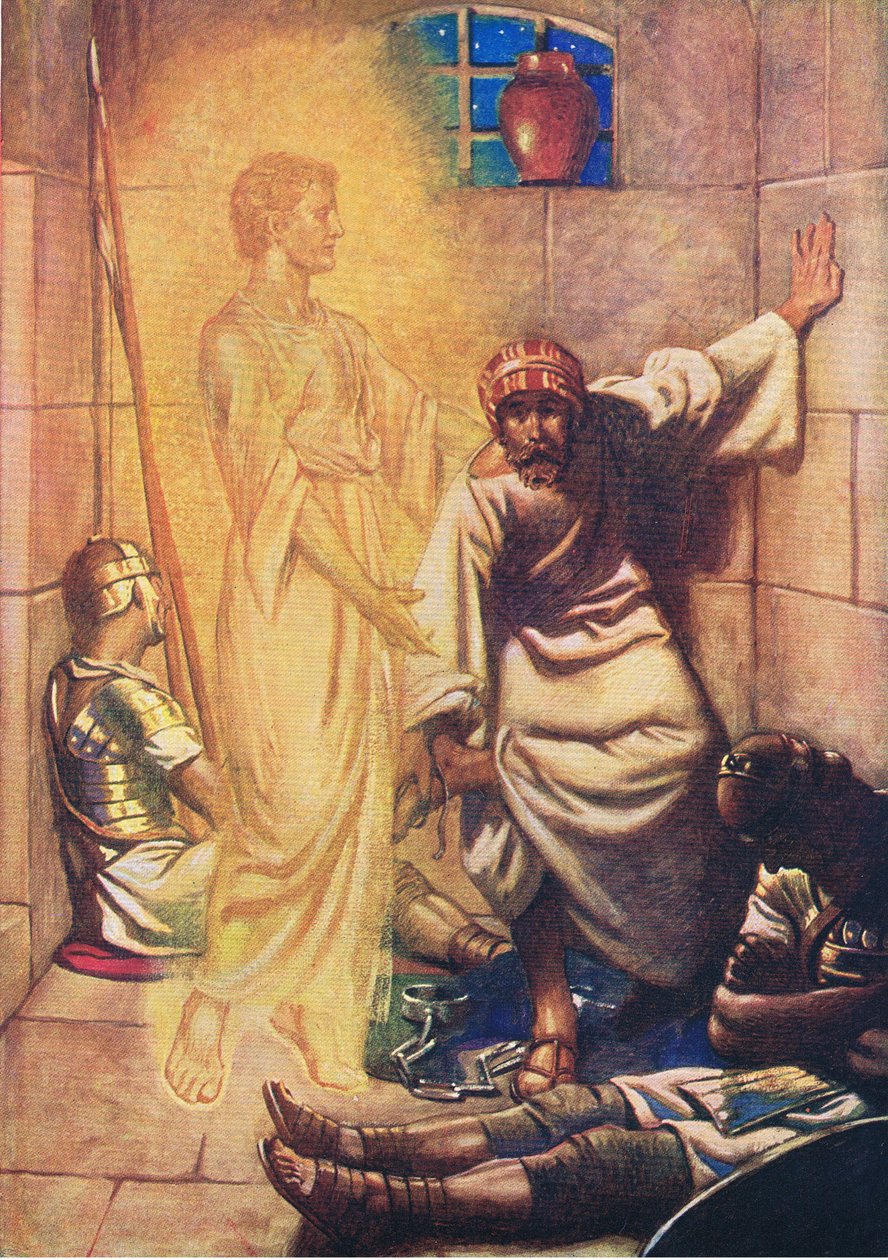 Peter utfridd fra fengselet, fra The Bible Picture Book utgitt av Thomas Nelson, ca. 1950 av William Henry Margetson