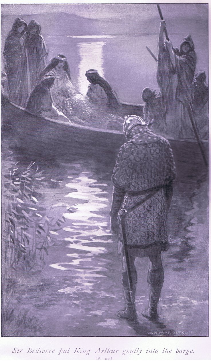 Sir Bedivere satte kong Arthur forsiktig inn i lekteren av William Henry Margetson