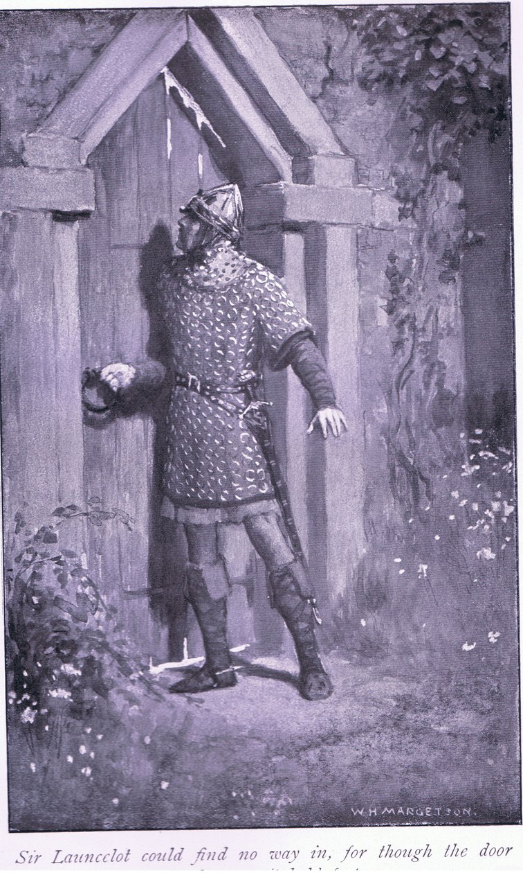 Sir Launcelot kunne ikke finne noen vei inn, for selv om døren var gammel og slitt holdt den seg fast av William Henry Margetson