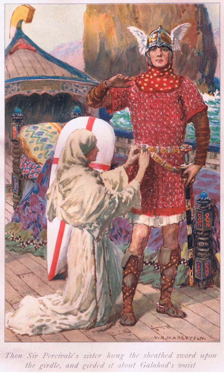 Så hengte Sir Percivales søster det slirede sverdet på beltet og bandt det om livet til Galahad av William Henry Margetson