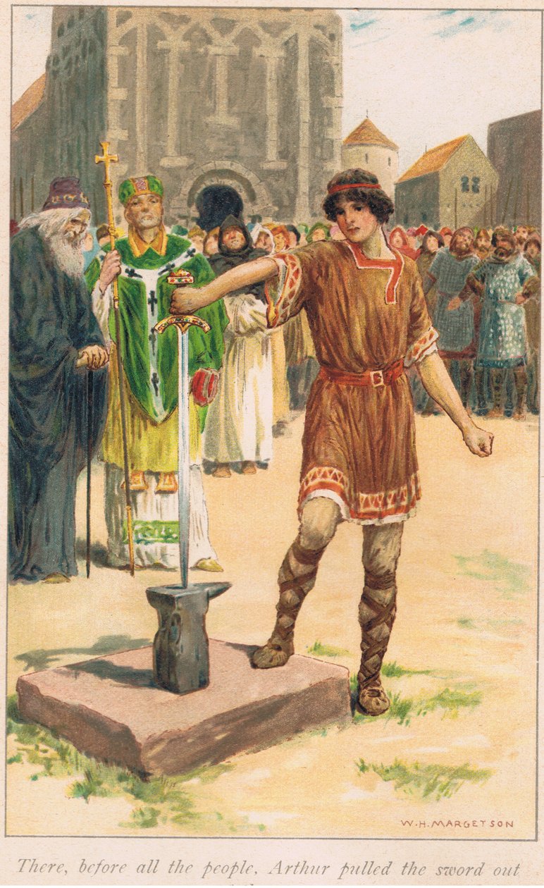 Der foran alle folket trakk Arthur sverdet ut av steinen av William Henry Margetson