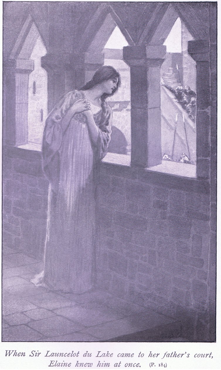 Da Sir Launcelot du Lake kom til farens hoff kjente Elaine ham med en gang av William Henry Margetson