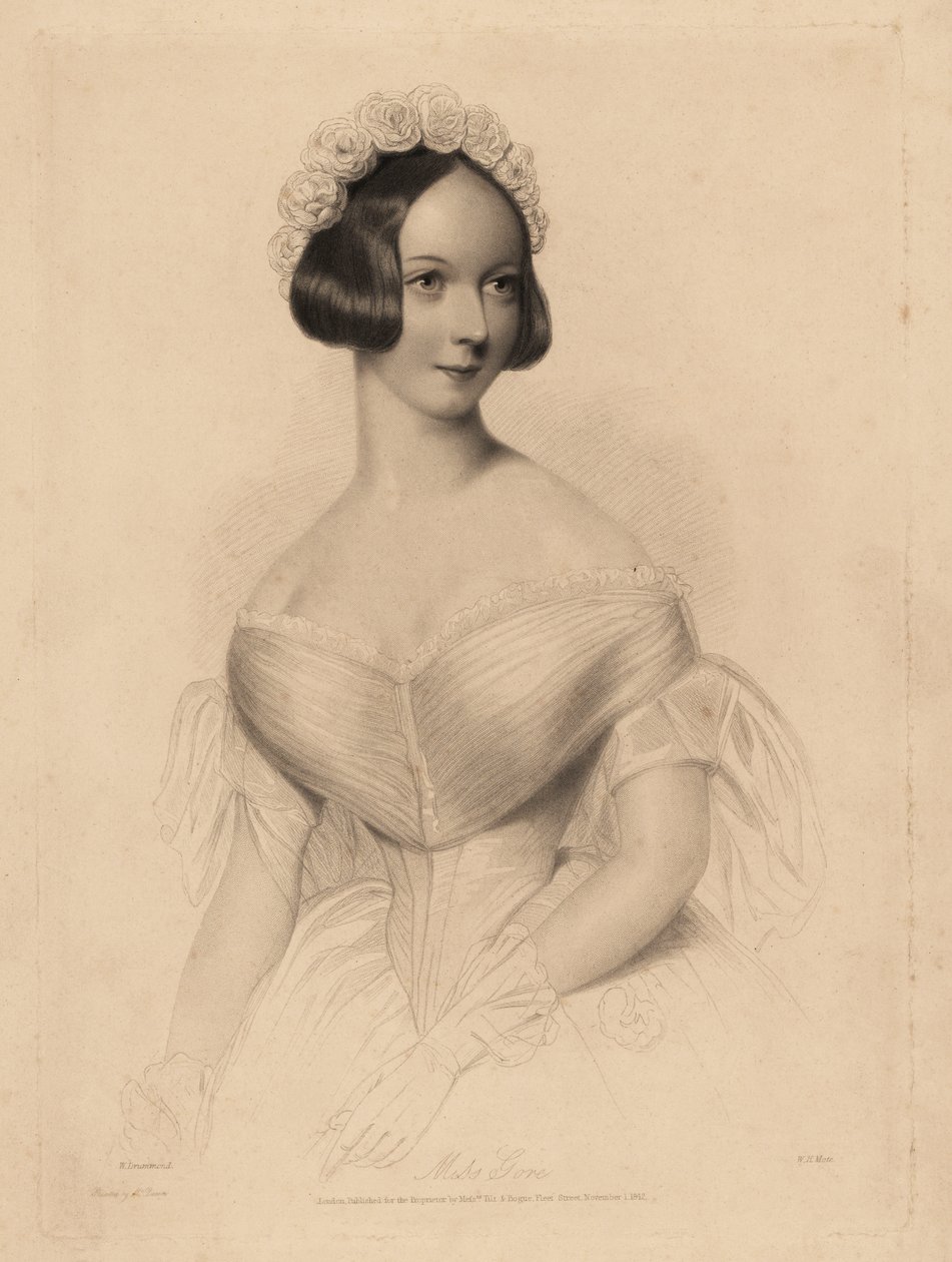 Frøken Gore. I off-the-shoulder kjole med stram midje, hår dekorert med en krans av roser. Stålstiftgravering av William Henry Mote etter en illustrasjon av William Drummond fra Charles Heath