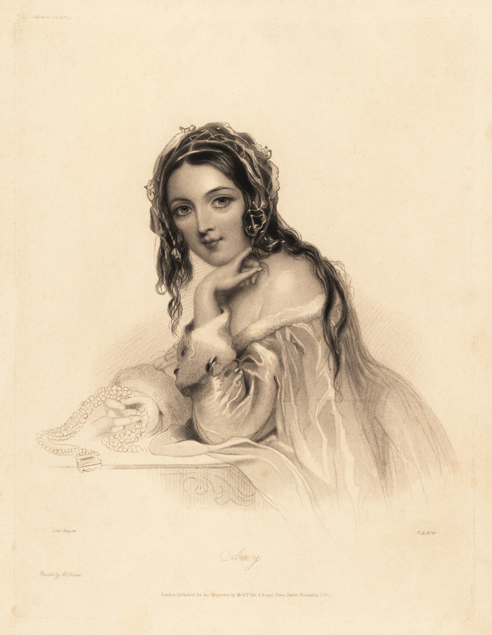 Portrett av Amy. Skjønnhet iført slør over langt hår, hermelin-trim off-the-skulder kjole, holder et perlekjede. Stålstiftgravering av William Henry Mote etter en illustrasjon av John Hayter fra Charles Heath