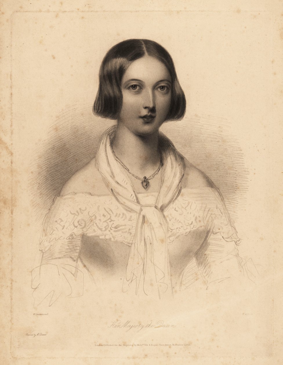 Ung dronning Victoria, tidlig på 20-tallet. Stålstiftgravering av William Henry Mote etter en illustrasjon av William Drummond fra Charles Heath's English Pearls, or Portraits for the Boudoir, Tilt and Bogue, London av William Henry Mote