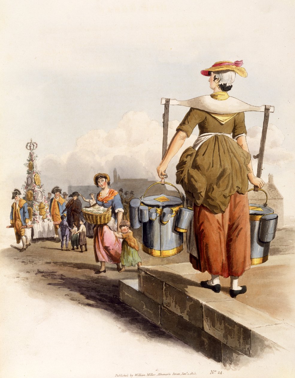A Milkmaid, fra The Costumes of Great Britain, pub. Av Henry Miller, 1805 (håndfarget trykk) av William Henry Pyne