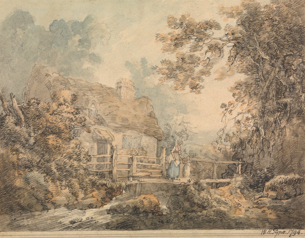 Hytte og fotbro av William Henry Pyne