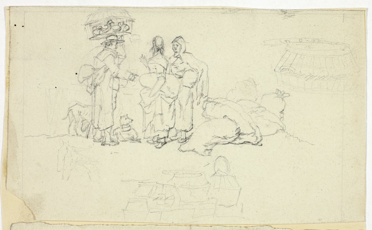 Figurer med markedsvarer og tre skisser av William Henry Pyne