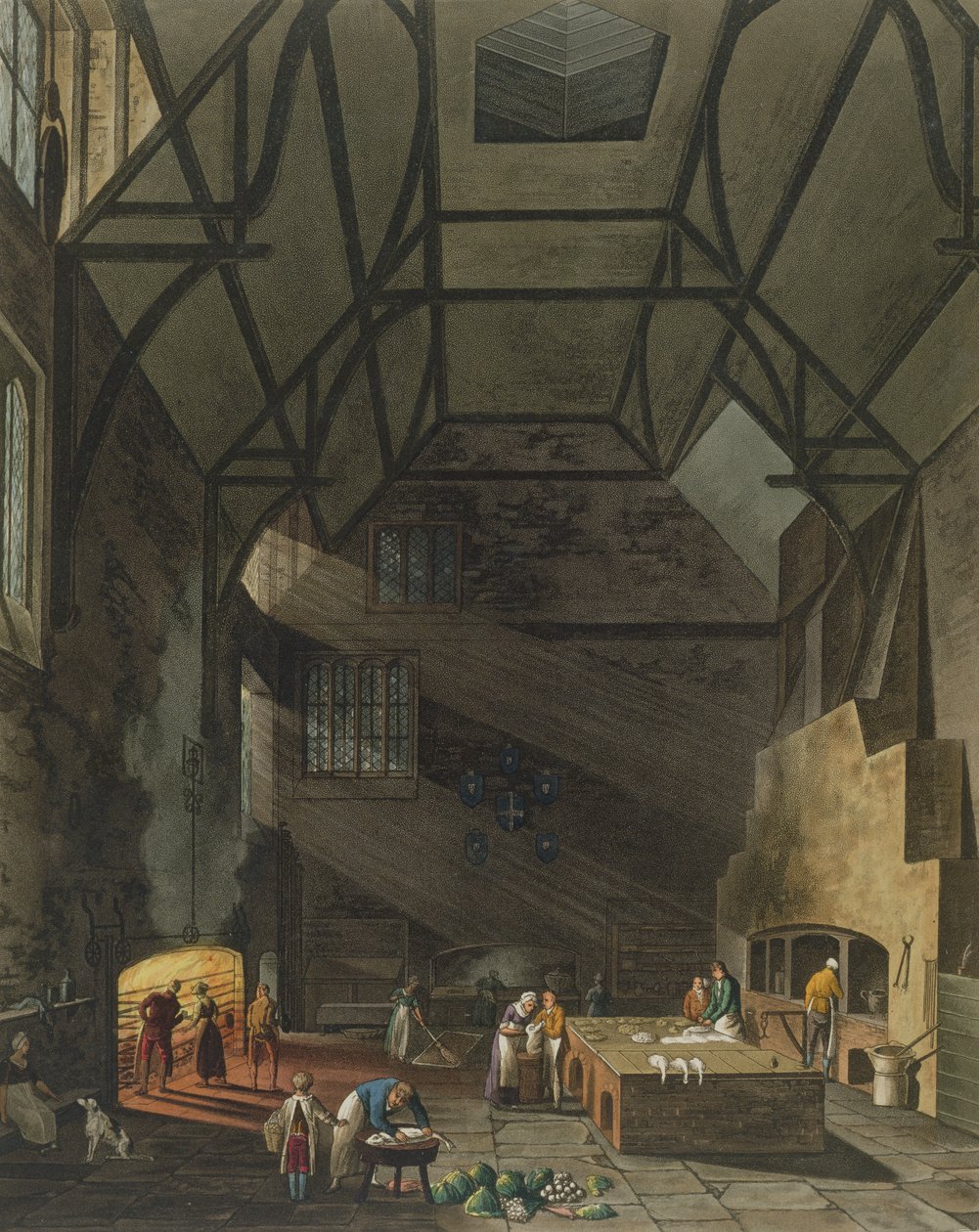 Interior of the Kitchen, Trinity College, Cambridge, fra The History of Cambridge, gravert av Joseph Constantine Stadler (fl.1780-1812), pub. av R. Ackermann, 1815 (fargeakvatint) av William Henry Pyne