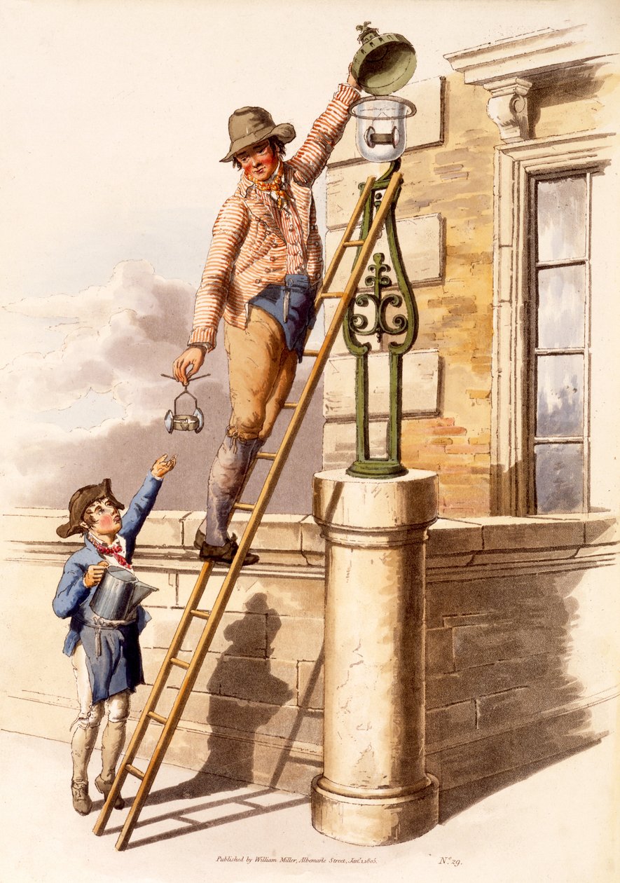 Lamp Lighter, fra The Costumes of Great Britain, pub. Av Henry Miller, 1805 (håndfarget trykk) av William Henry Pyne