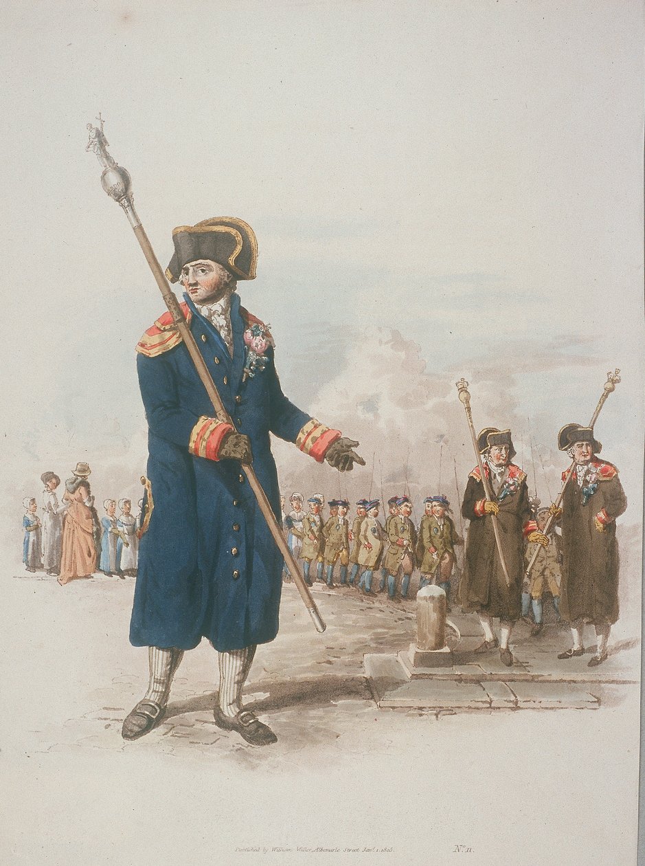 Parish Beadle i borgerdrakt med en stav, 1805 av William Henry Pyne
