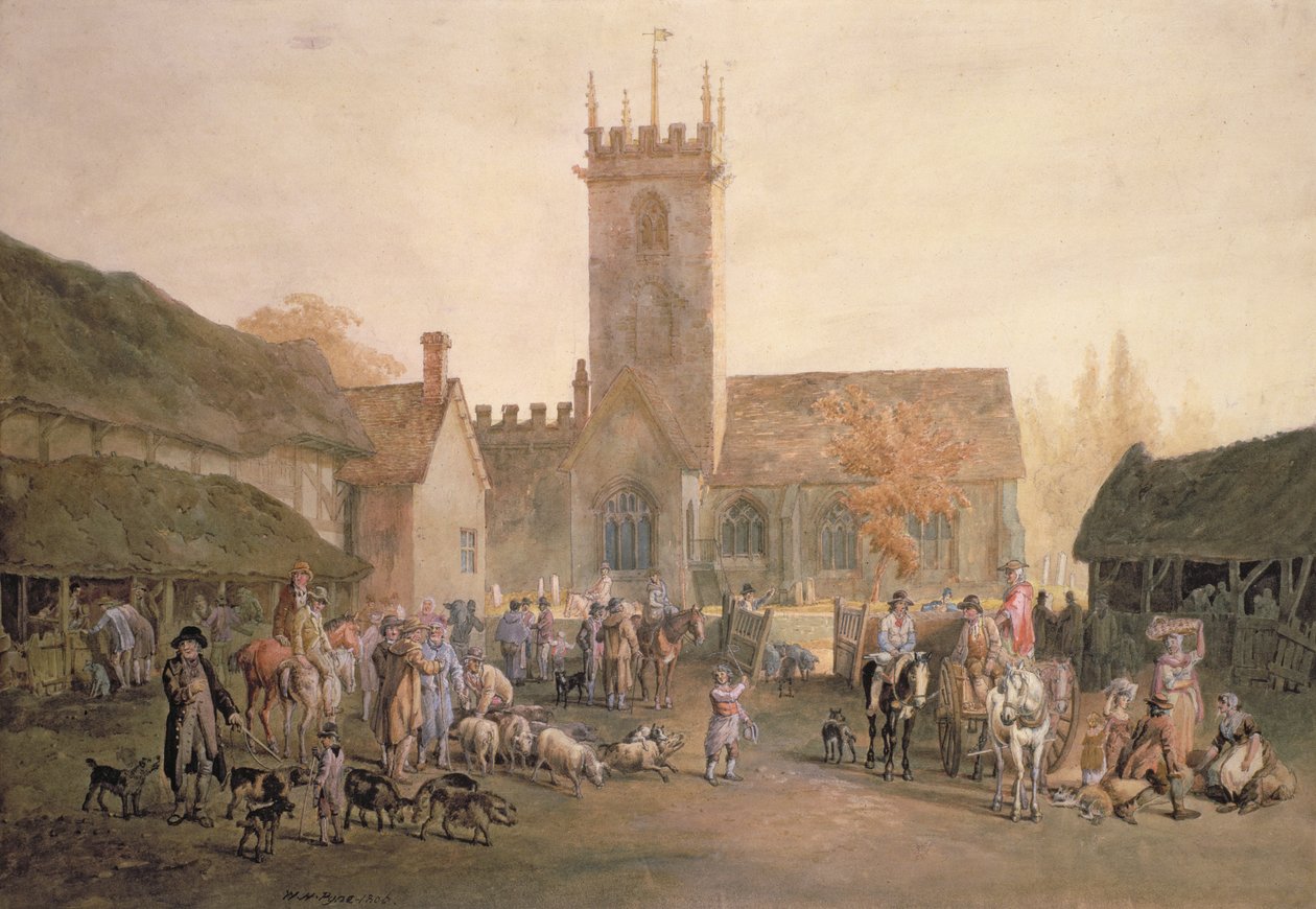 Pigmarket in the Yard of The Fountain Inn, Bedford, 1806 (blyant, wc og kroppsfarge) av William Henry Pyne
