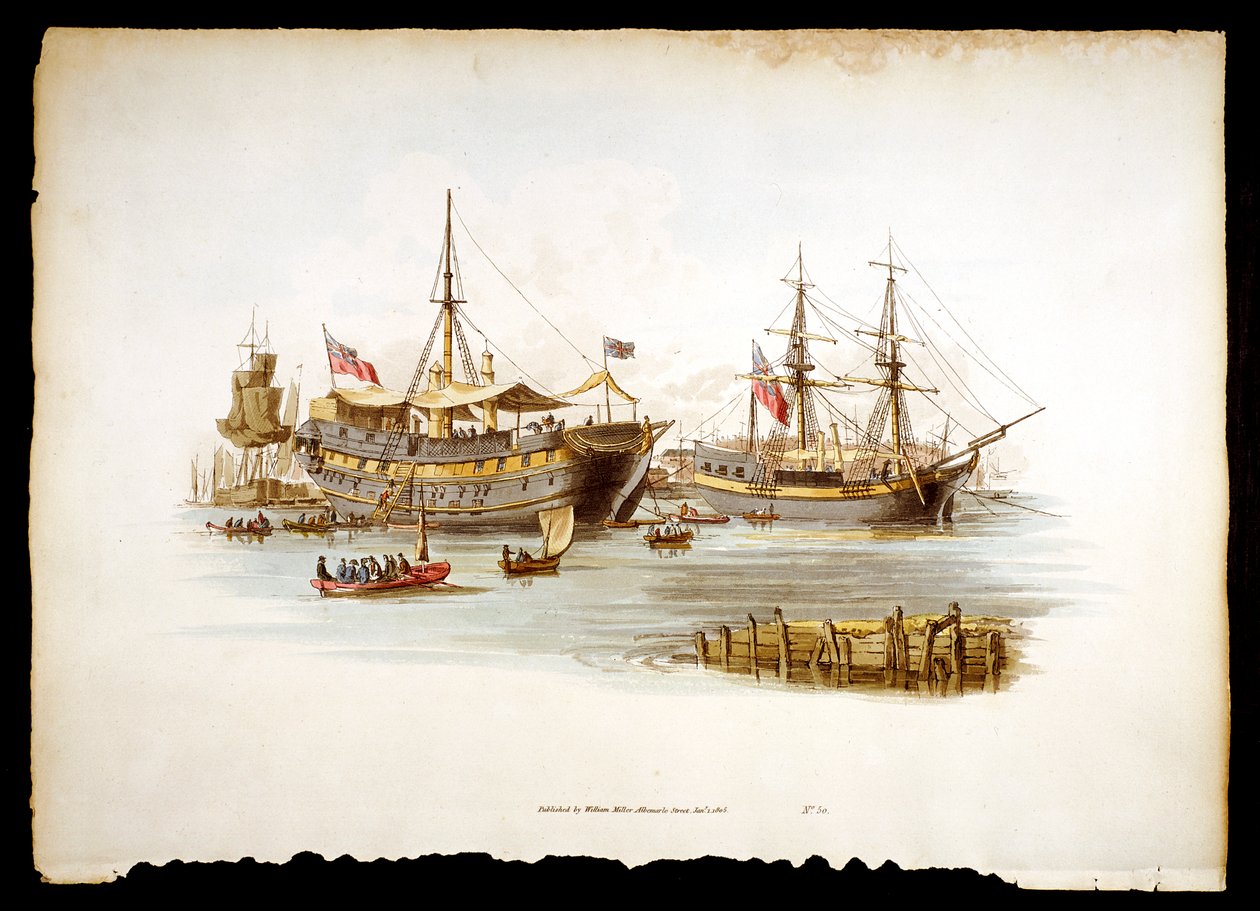 Fengselet sender hulker eller anbud i Themsen utenfor Tower of London, 1805 av William Henry Pyne
