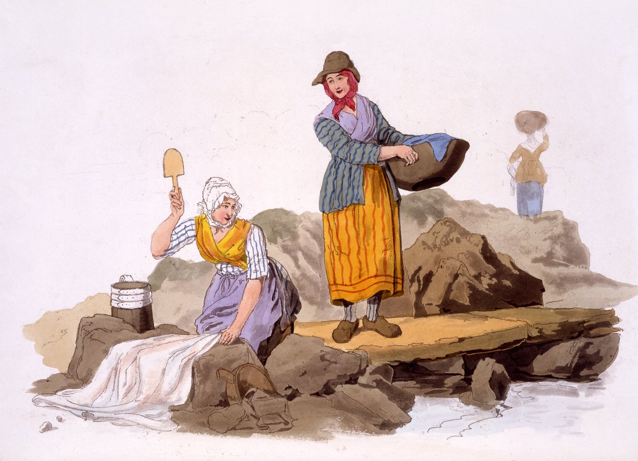 Washerwomen, fra The Costumes of Great Britain, pub. av Henry Miller, 1805 (håndfarget trykk) av William Henry Pyne