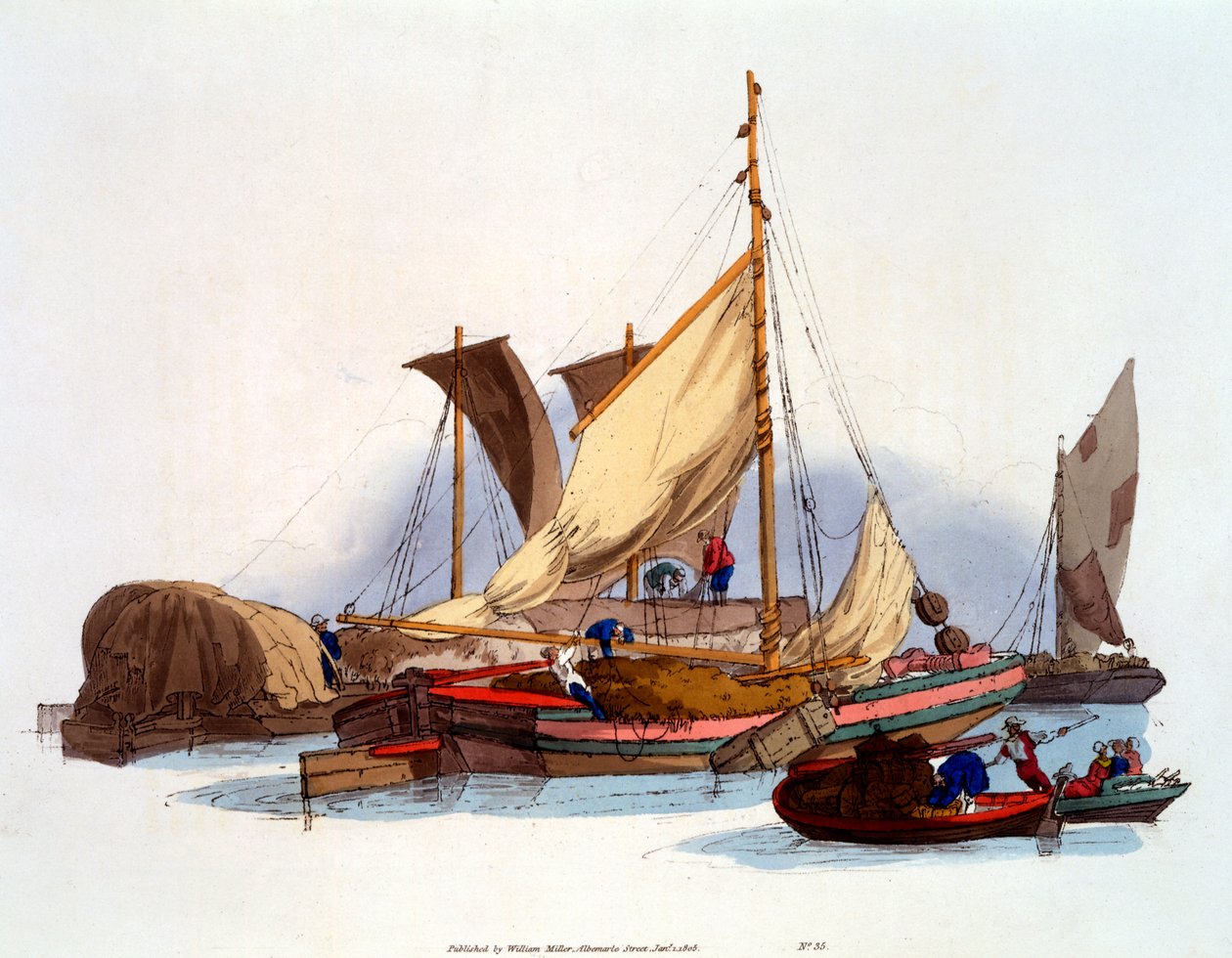 Waterman og Bargemen flytter varer og passasjerer, 1808 av William Henry Pyne