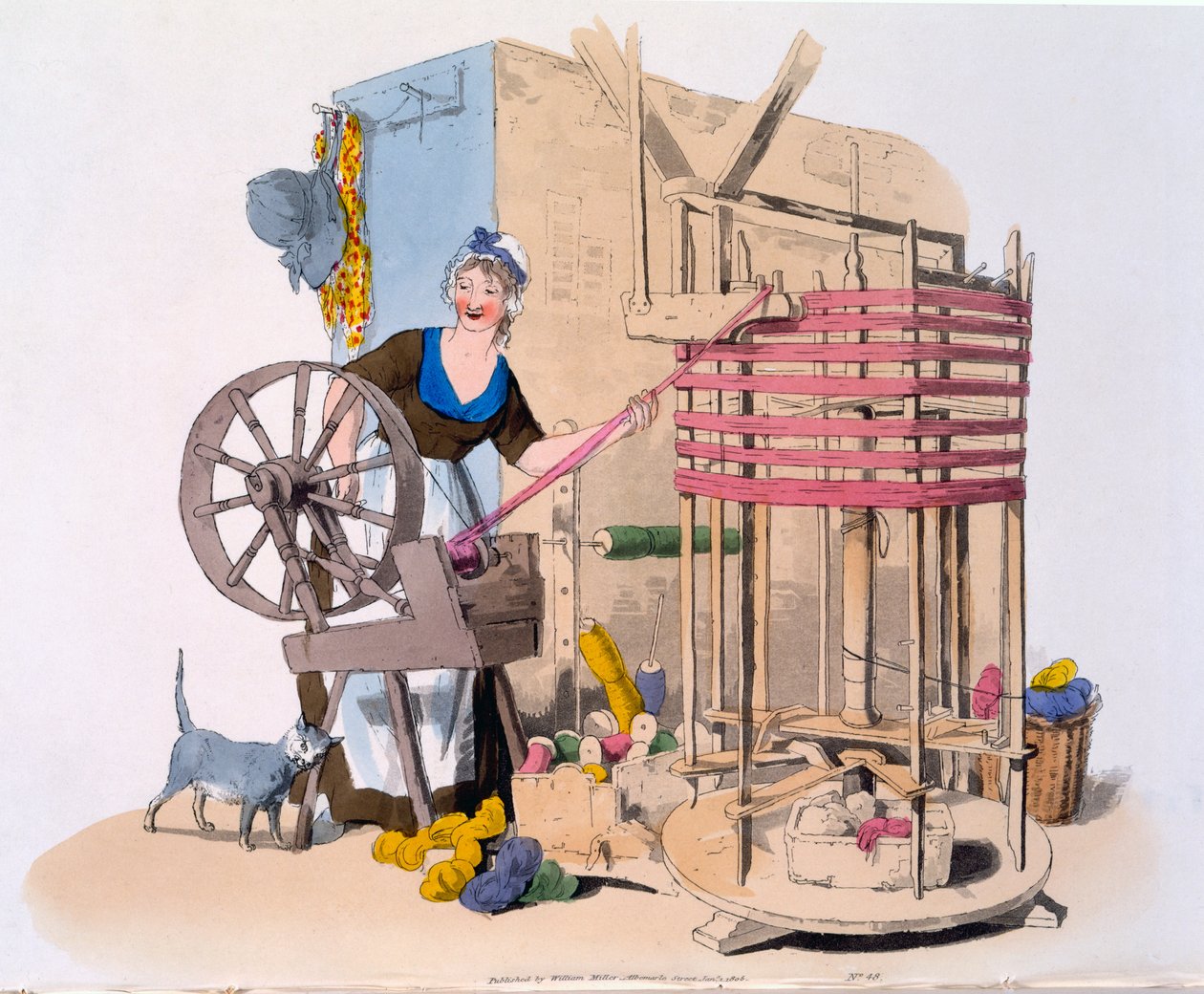 Kvinne som spinner ull på en roterende maskin for å lage nøster, 1808 (håndfarget akvatint) av William Henry Pyne