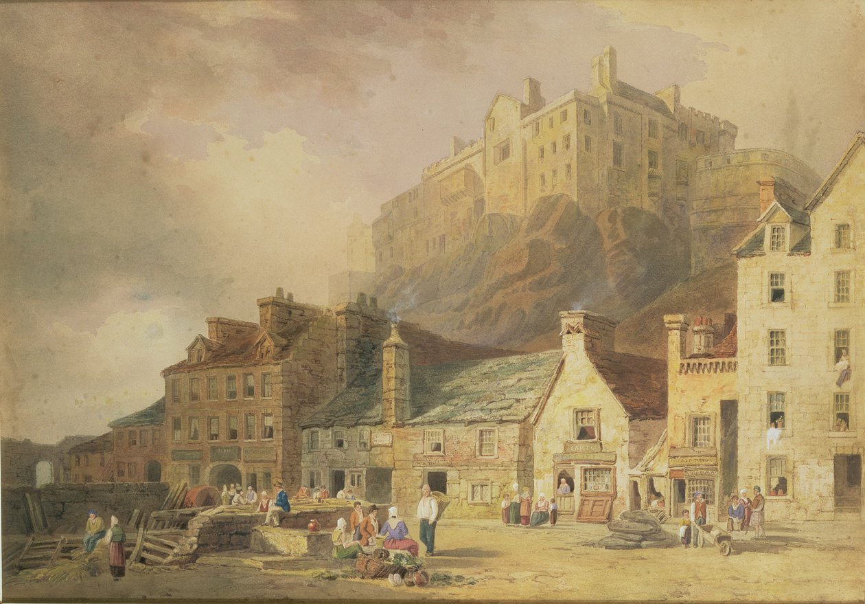 Edinburgh Castle fra Grass Market, som viser Little West Port, ca. 1820 (wc og sepia) av William Henry Stothard