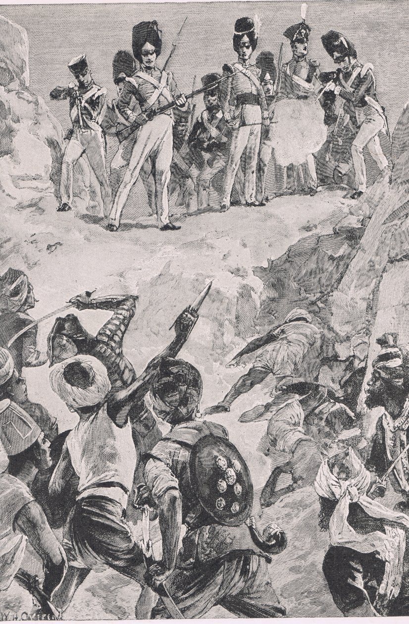 Carmichaels tilhengere skjøt en salve inn i den tette klyngen av menn: Slaget ved Bharatpur 1826 , illustrasjon fra British Battles on Land and Sea , 1915 av William Heysham Overend