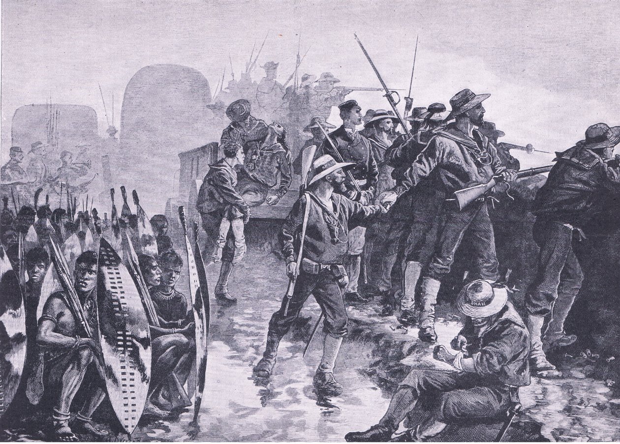 Forsvare et lager mot et Zulu-angrep, illustrasjon fra British Battles on Land and Sea, 1915 av William Heysham Overend