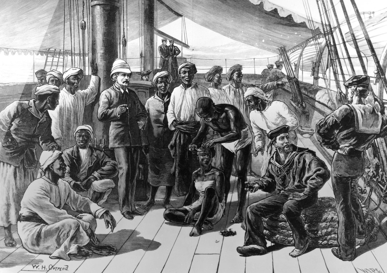 Mr Stanley og noen av hans afrikanske tilhengere om bord på HMS Industry, publisert i 