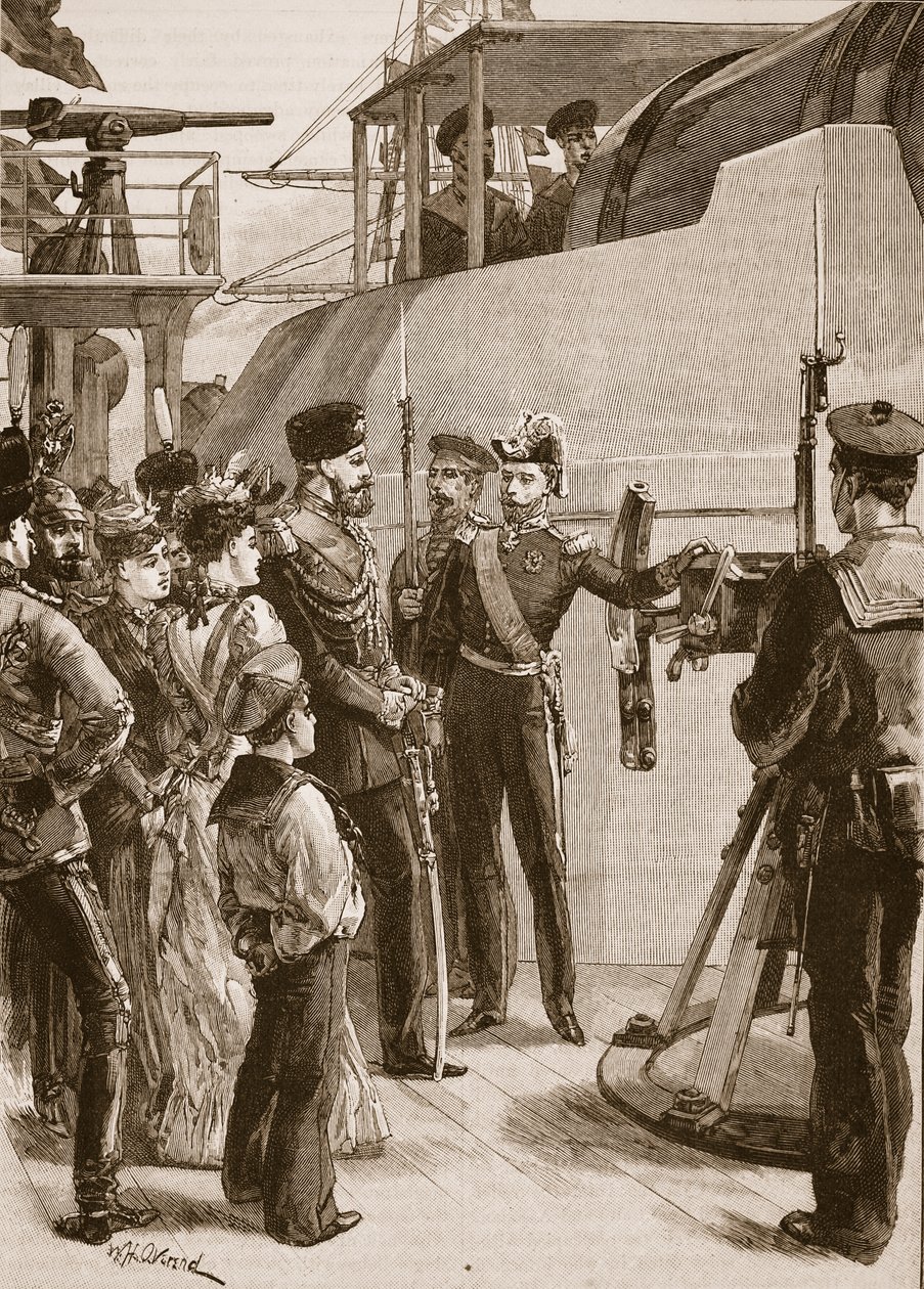 Den franske flåten ved Cronstadt: besøk av tsaren, 1891, illustrasjon fra 'Cassell's Illustrated History of England' (sepia-foto) av William Heysham Overend